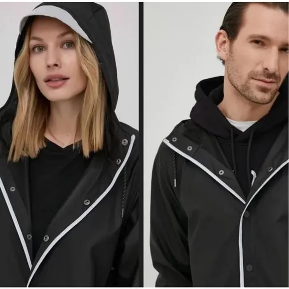 Rains Unisex Waterproof Long Reflective Jacket in Black